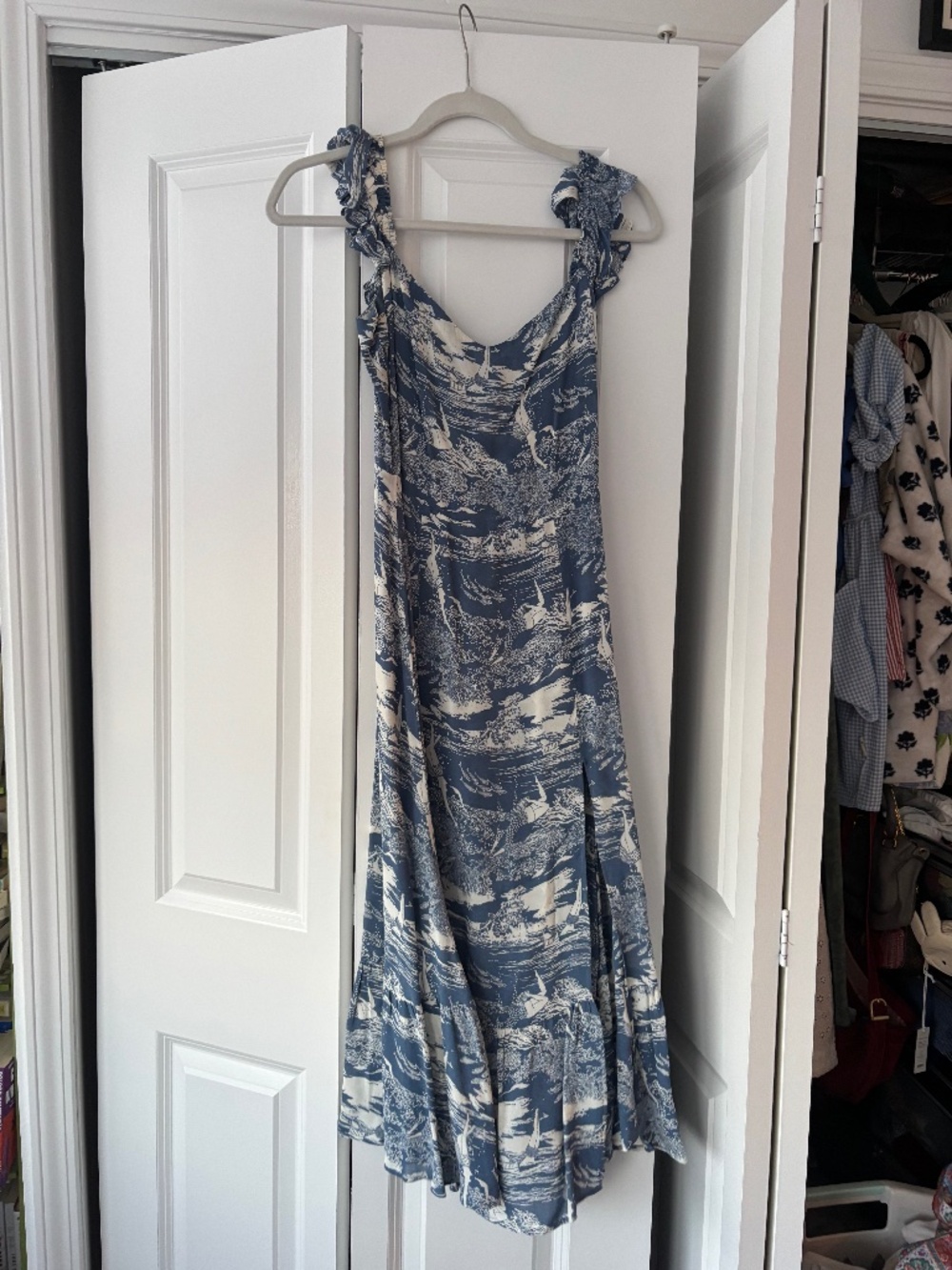Reformation blue toile pearl diver print midi dress size 2
